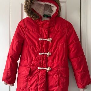 Boden Red Puffer Jacket with Faux Fur Hood Girls size 8-9